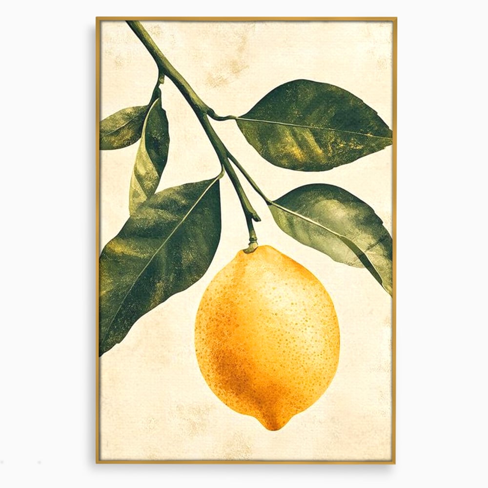 Tablou canvas cu ilustratie botanica cu lamaie si frunze, in rama de aluminiu auriu